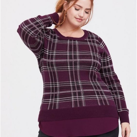 Torrid Sweater Women 26 Purple Pullover Plaid Chiffon Festive Holiday Classic - Picture 1 of 14